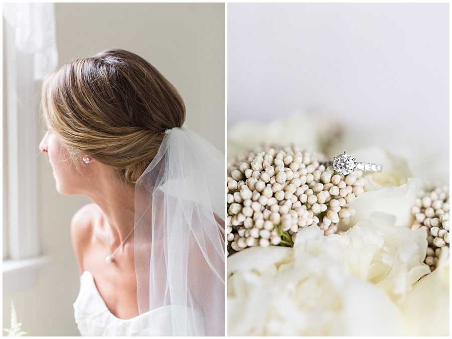 Bride's solitaire diamond on white hydrangea bouquet 