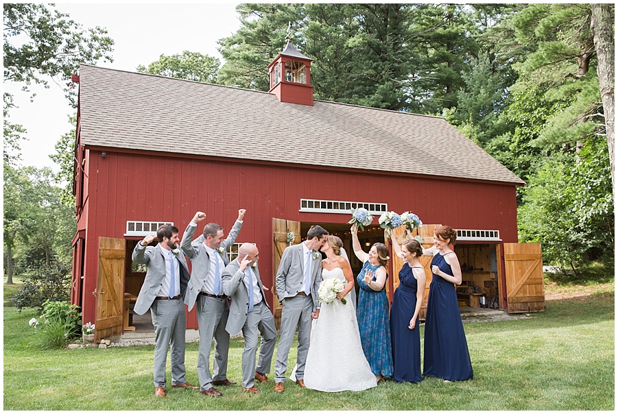 Bridal party photos in front of the red barn 