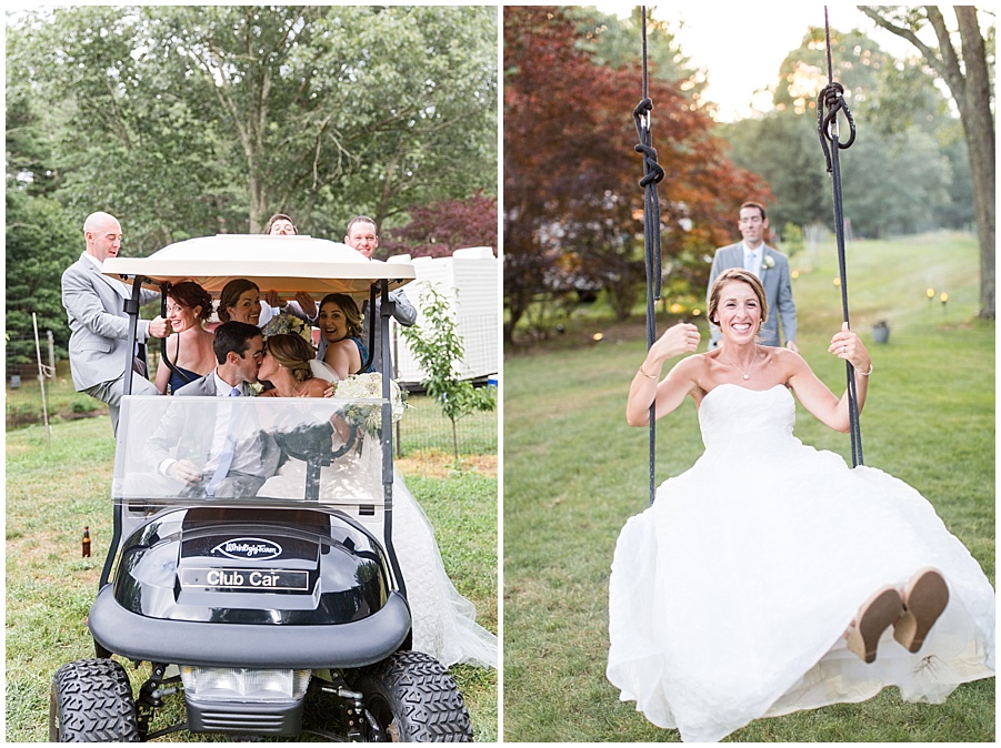 Bridal party crams onto the golf cart and tree swing 