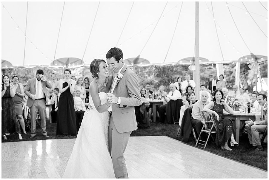 first dance for bride and groom at red barn wedding 