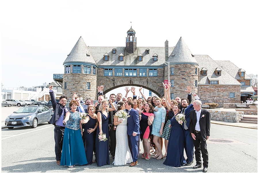 Bridal Party celebrates in front of Narragansett Towers