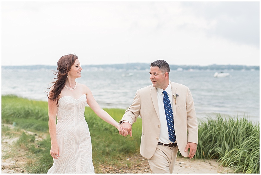 Block Island beach walk with bride and groom 