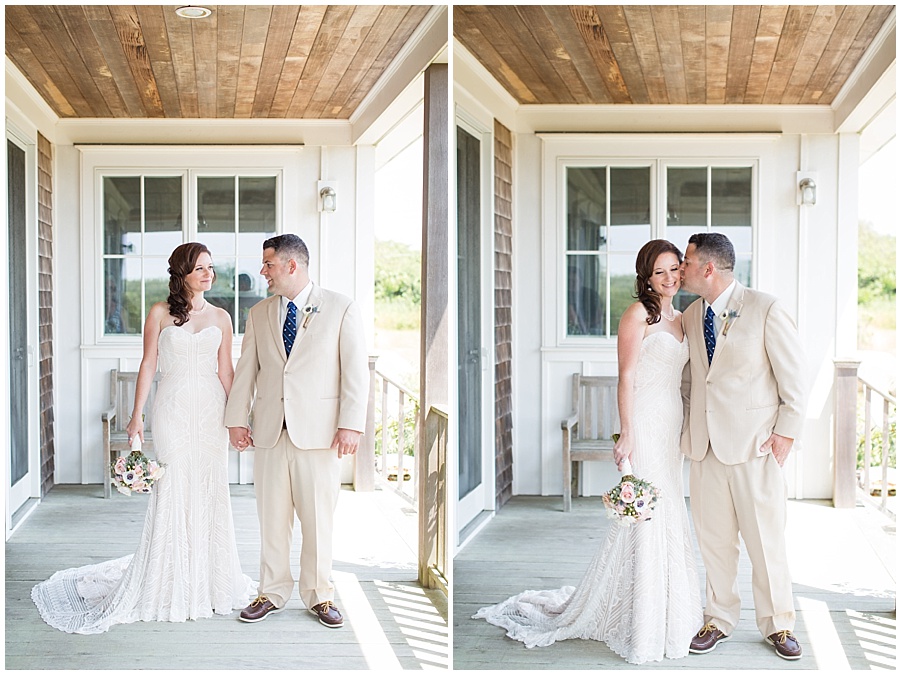 Bride and Groom on Block Island porch for portraits