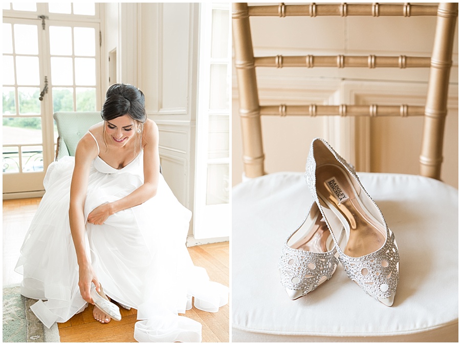 Bride puts on wedding shoes at Glen Manor