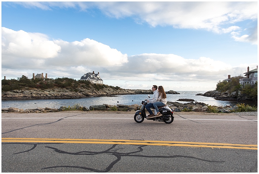 Engaged Couple speeds down Ocean Drive on moped
