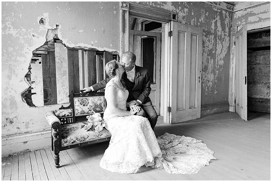 bride and groom inside Fort Adams for formal photos 