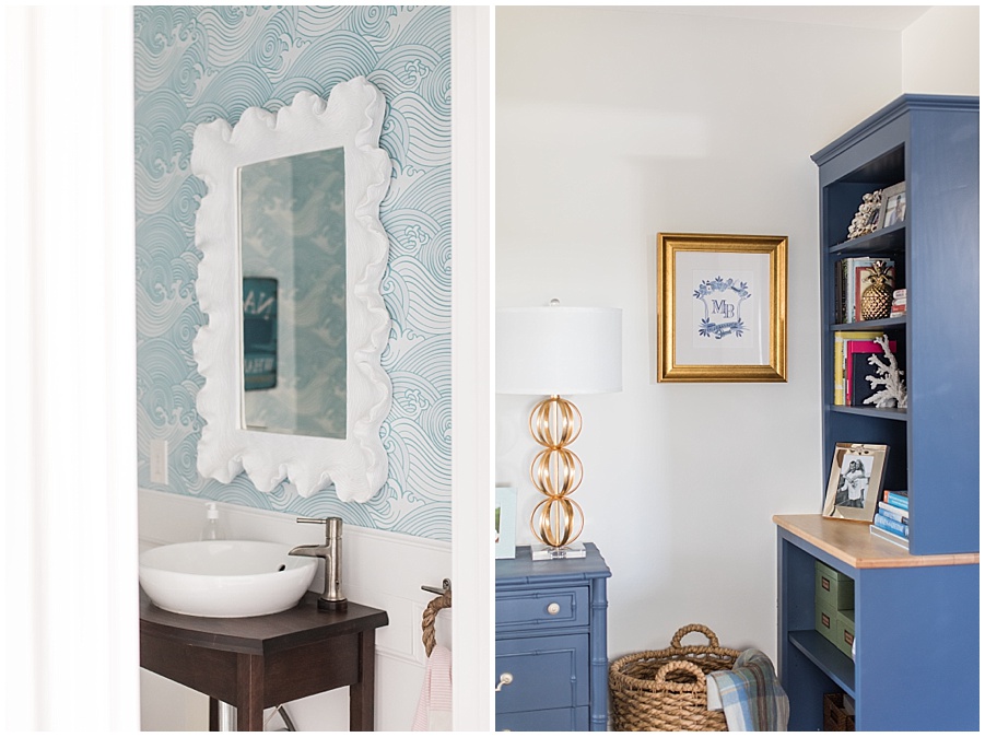 coastal chic blue and green decor in half bathroom and office