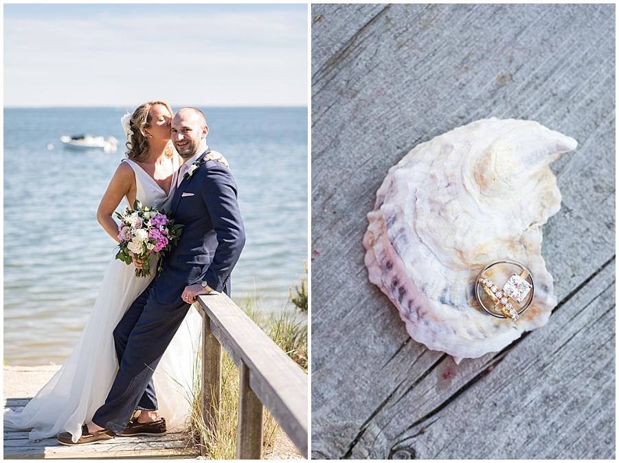 wedding portraits on the dock at the chequesset yacht club 