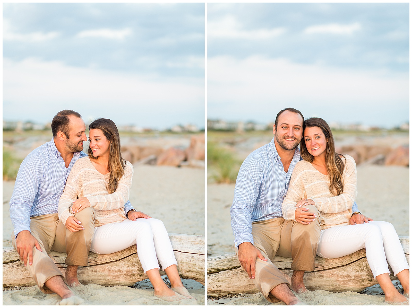 engaged couple sits on a log at east matunuck beach at sunset 