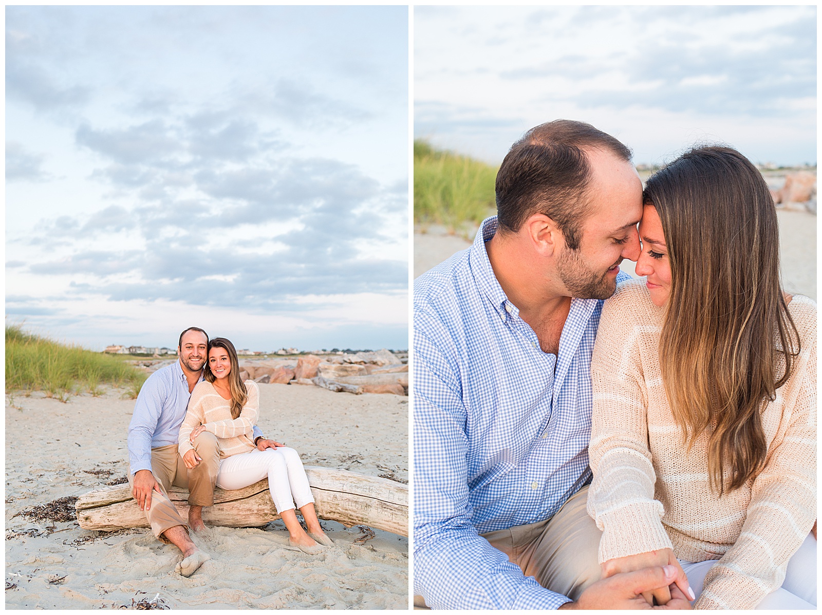 couple cuddles on the beach in rhode island for their engagement session 