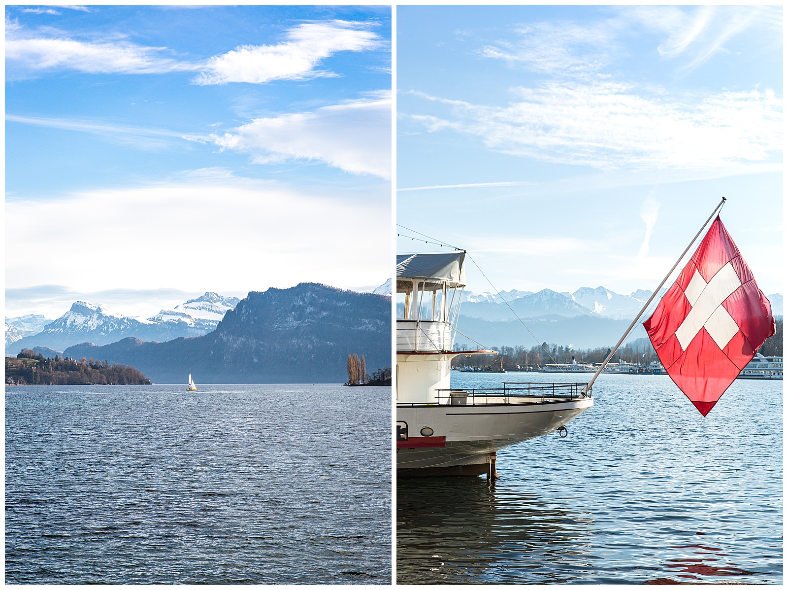 Lake Luzern on a blue bird day in January with boats on the water