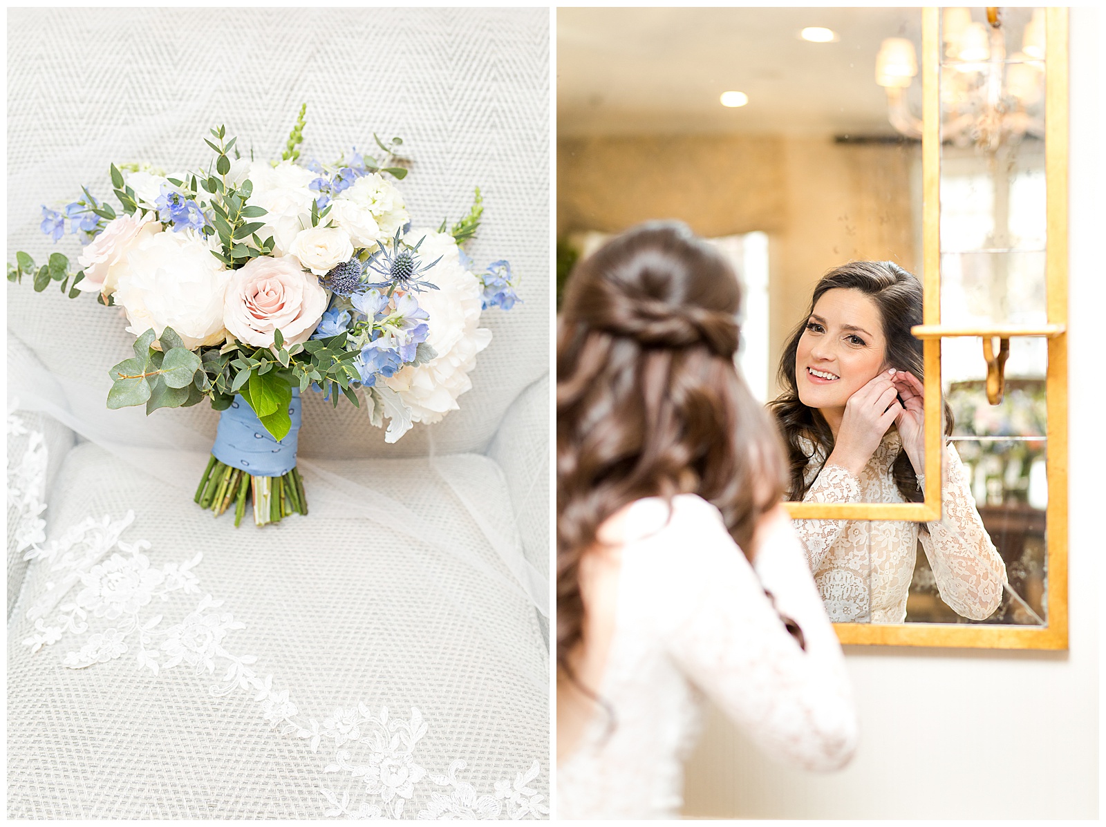 Bride puts on her jewelry in the bridal suite at Brae Burn