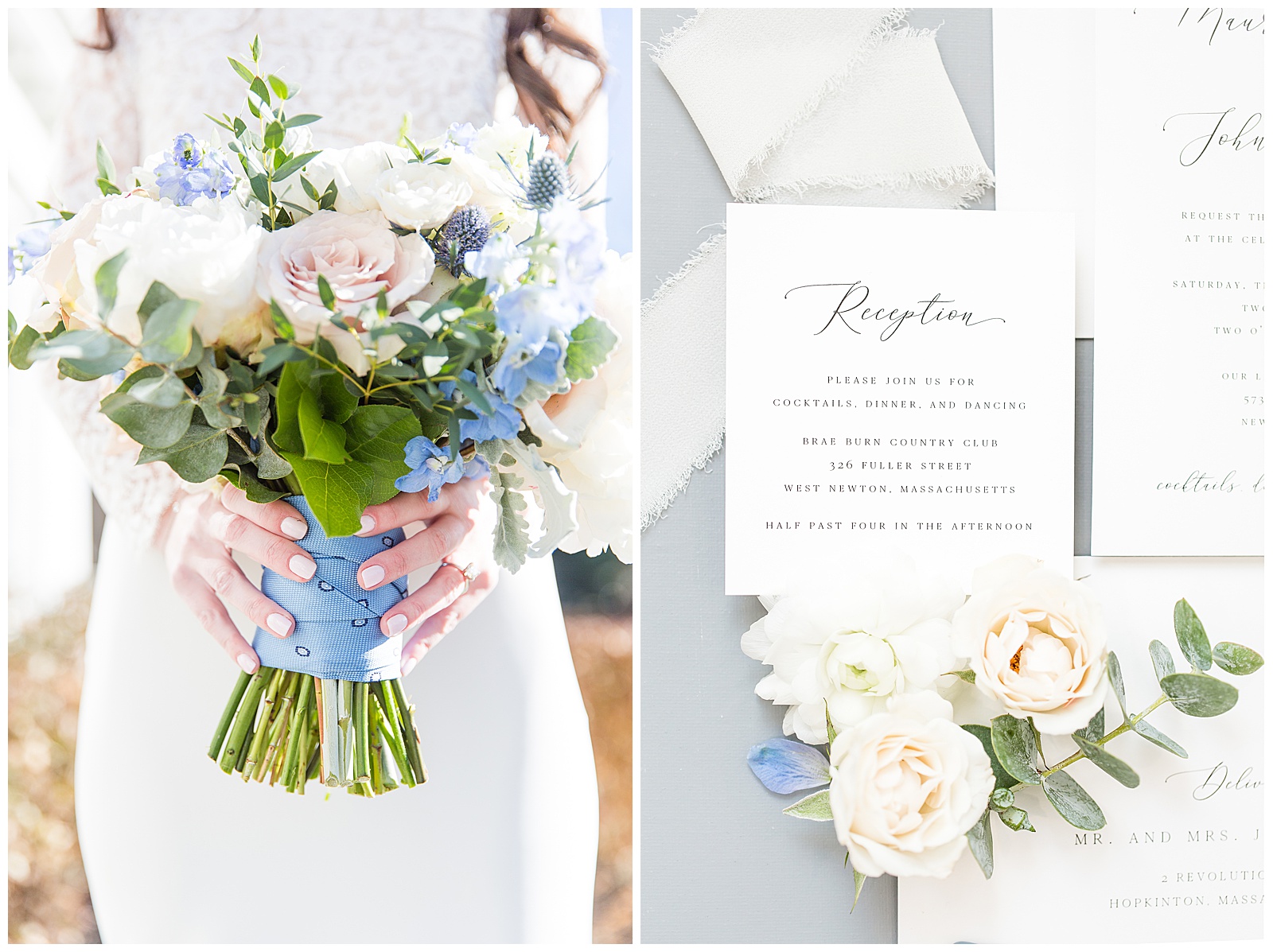 Shine invitation suite and bride's father's tie around bouquet