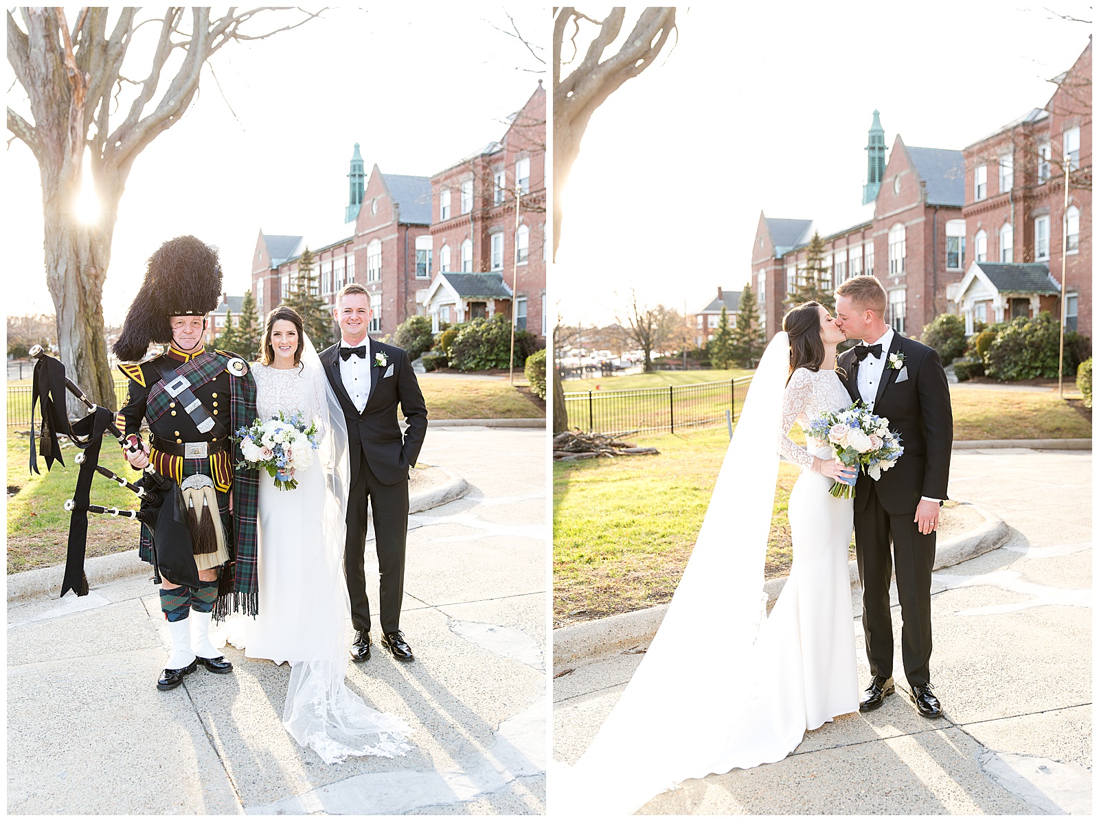 Wedding portraits with the Irish Bagpiper at Our Lady Help of Christians