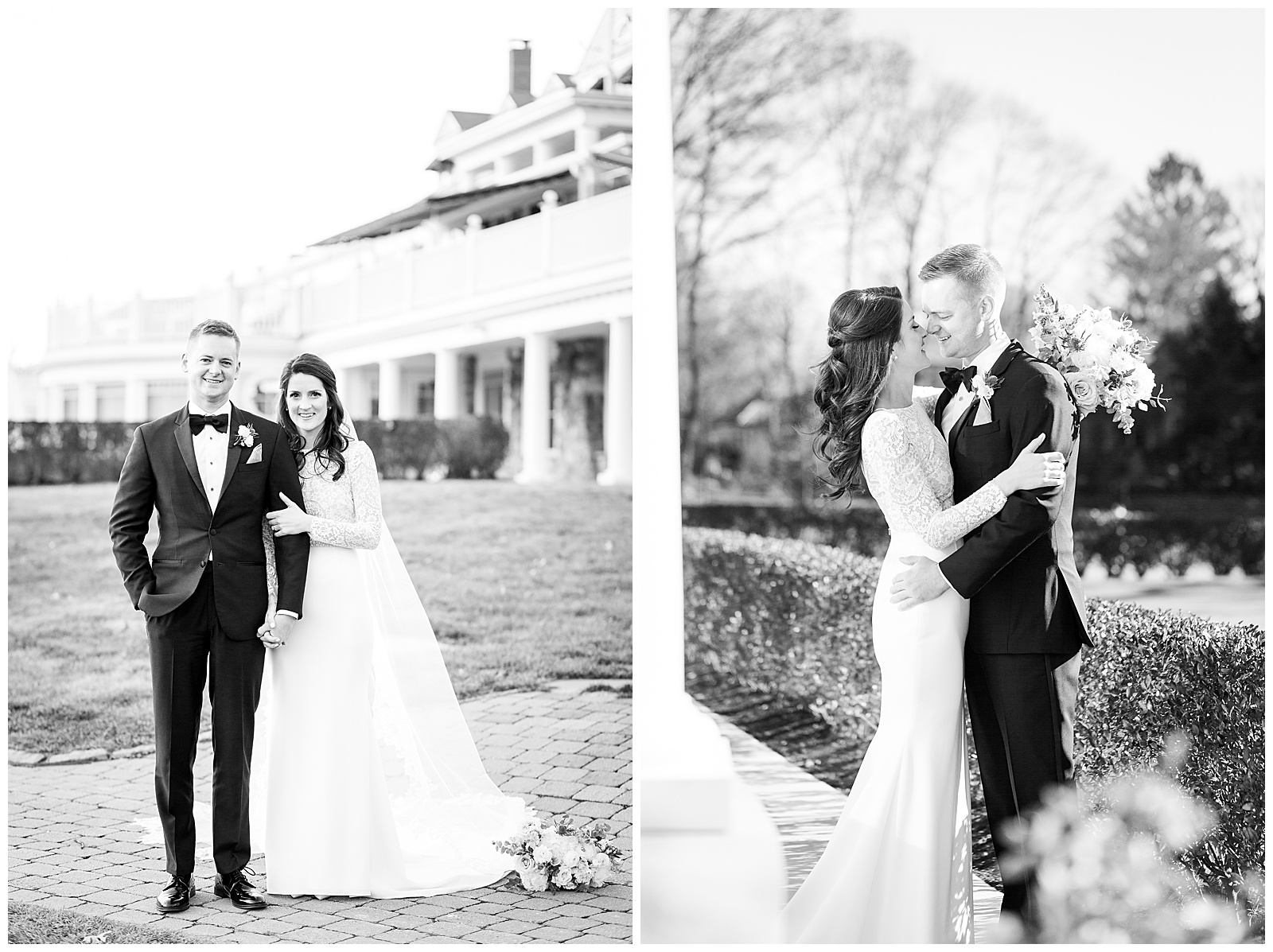 Black and white imagery of bride and groom portraits at Brae Burn Country Club