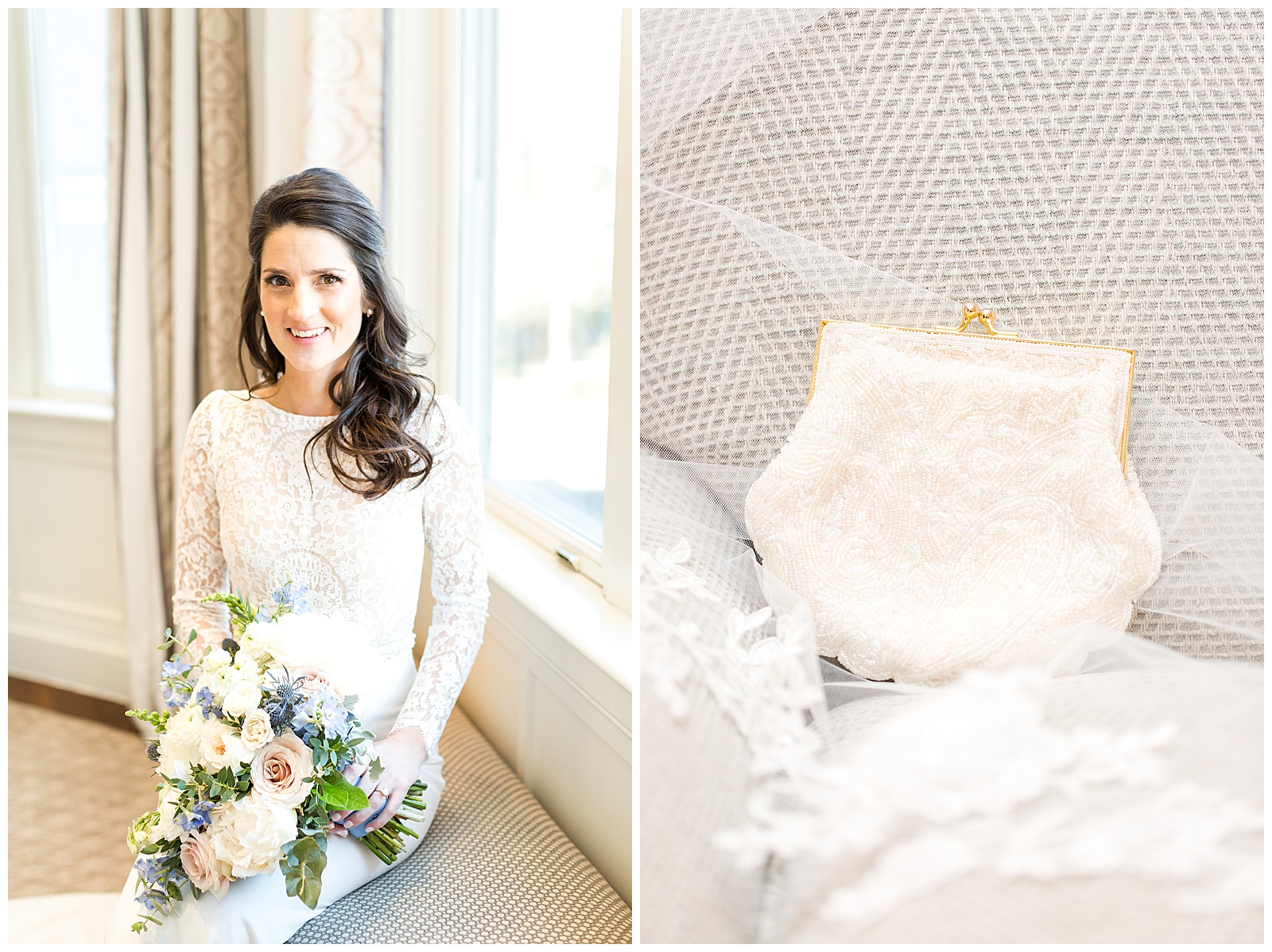 Bride poses with her bouquet and heirloom clutch before her wedding
