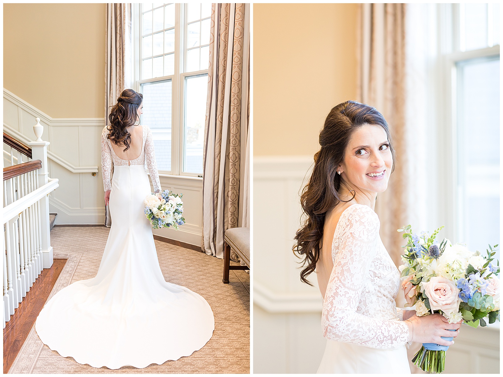 Bridal Portraits on the landing at Brae Burn Country Club