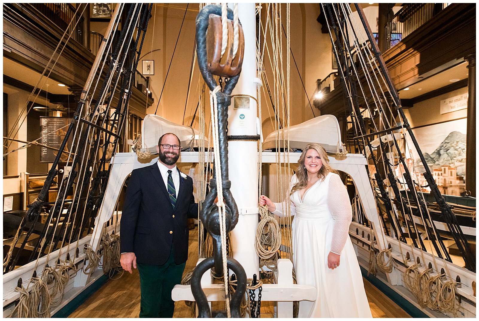 bride and groom pose on the Lagoda ship 