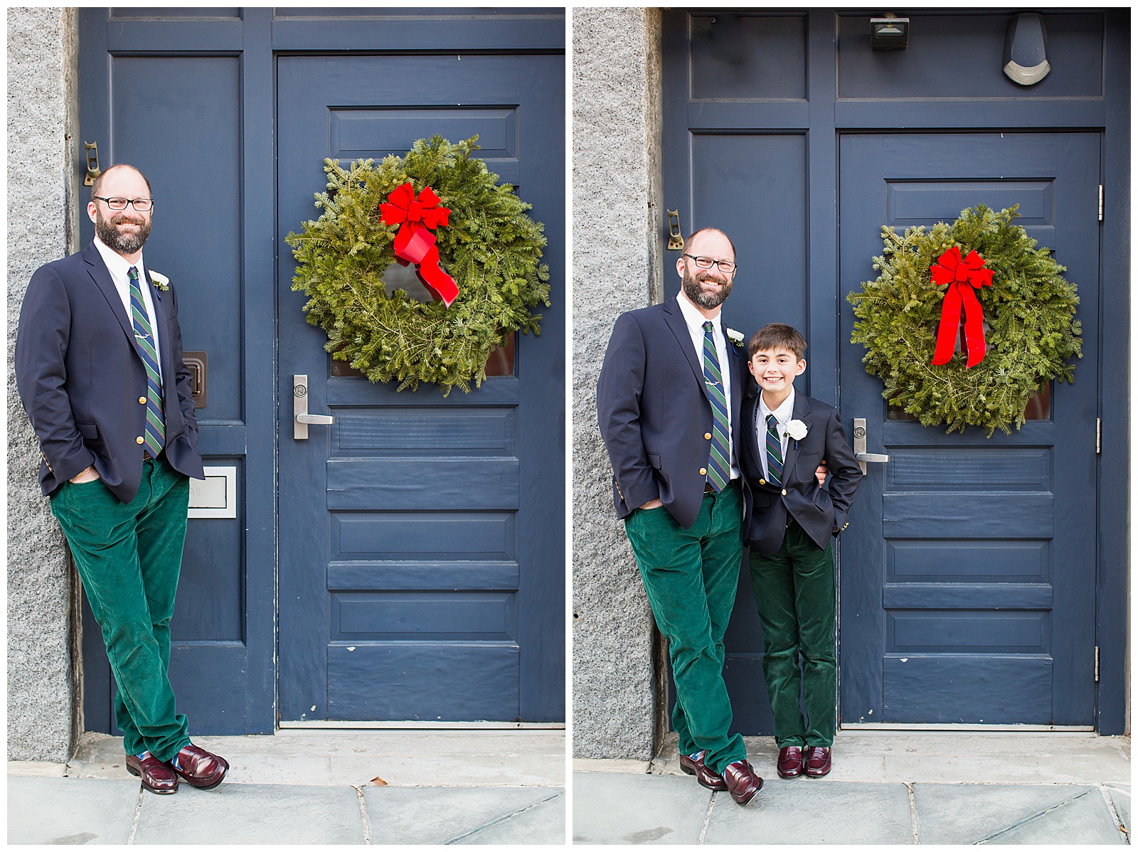 groom and his son pose by a holiday wreath