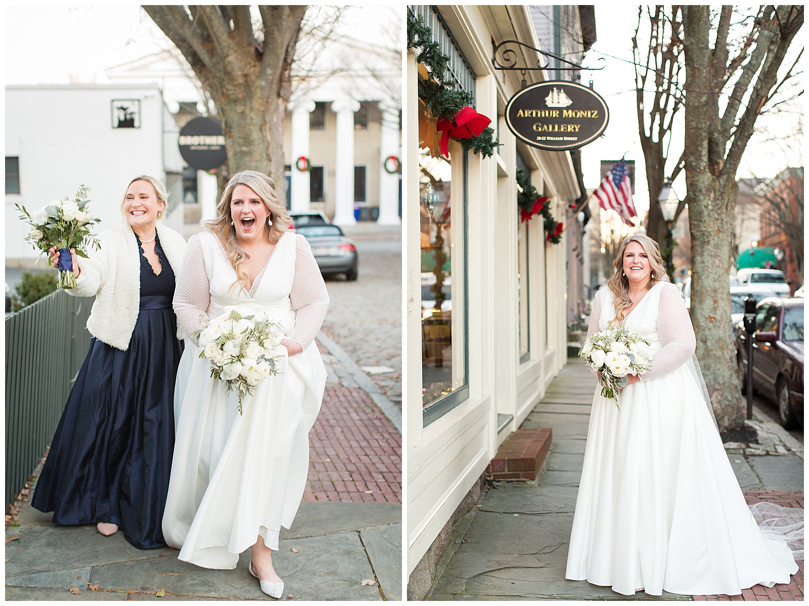 bride poses in new bedford with all the holiday decor