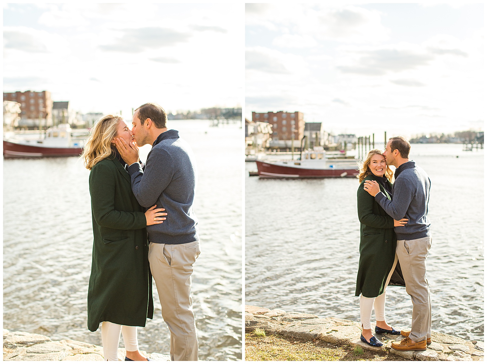 coastal engagement photos with bride and groom overlooking rowayton harbor
