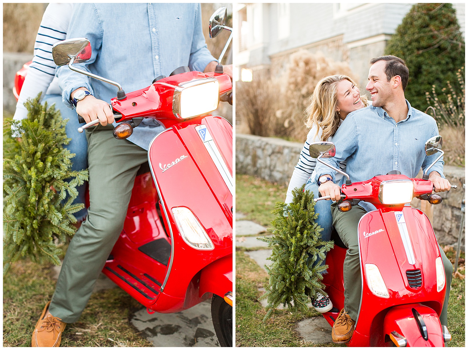 Red Vespa engagement photos for the holidays in CT