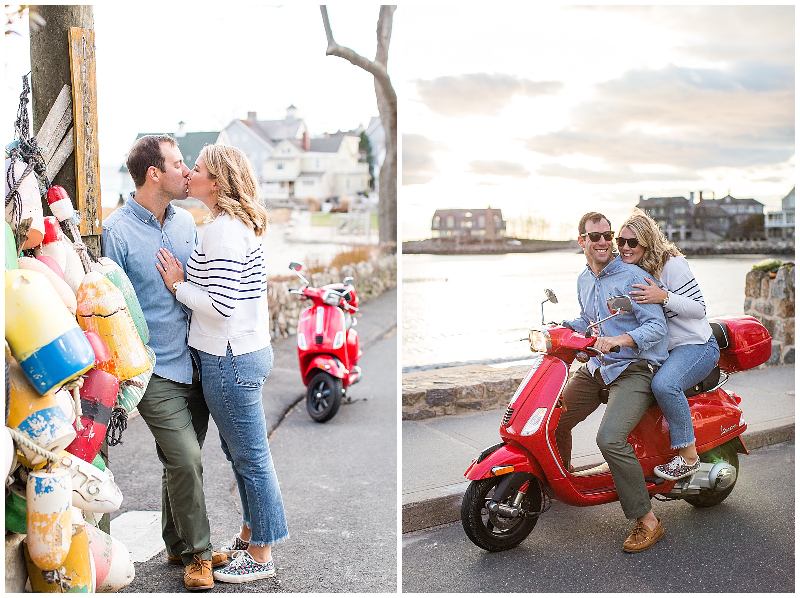 lobster buoy wall and red vespa engagement photos