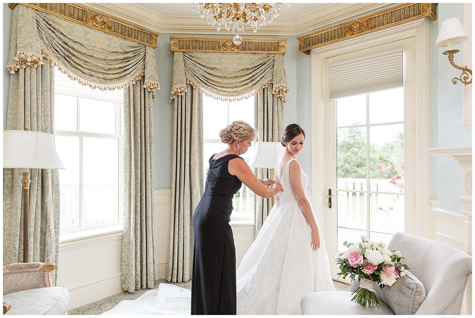 bride and MOB getting ready in the bridal suite at the Chanler