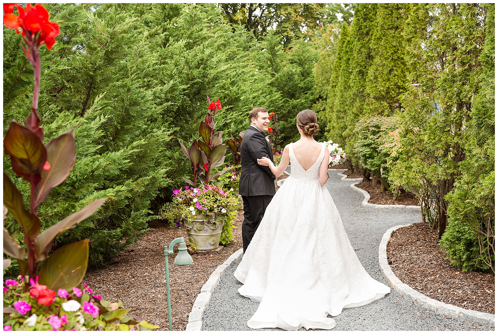 First look moment in the gardens at the Chanler