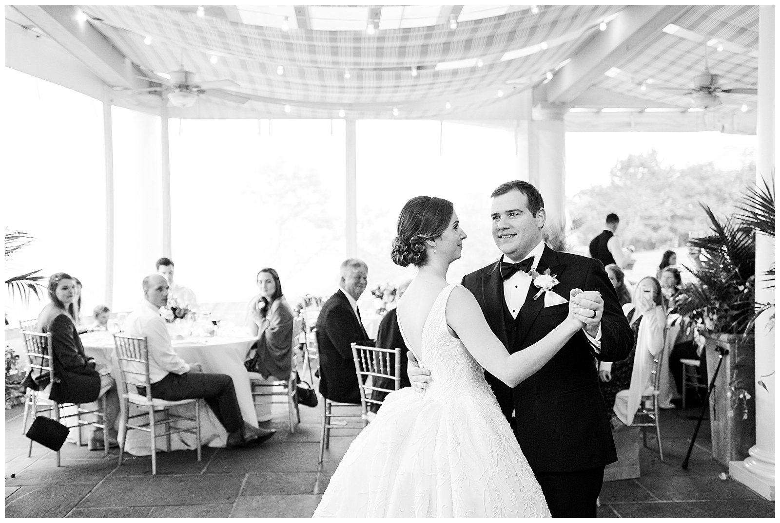 Bride and Groom share first dance on the veranda at the Chanler