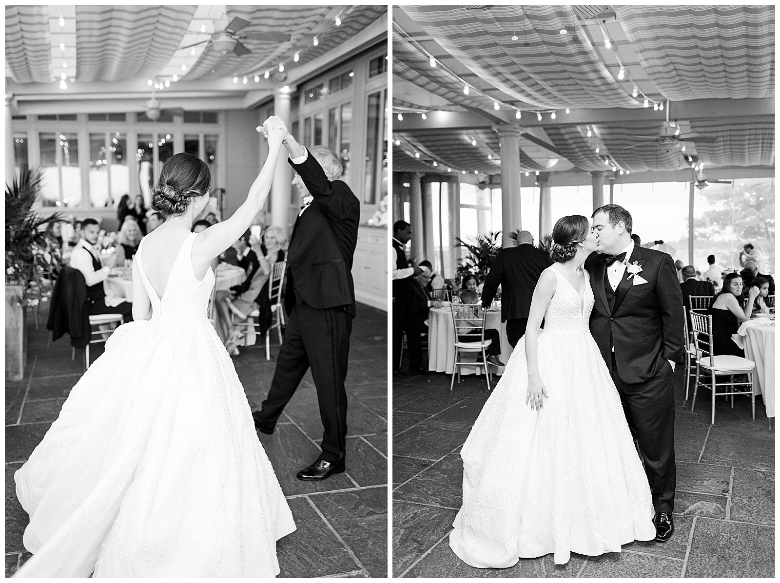black and white images of wedding reception at the Chanler