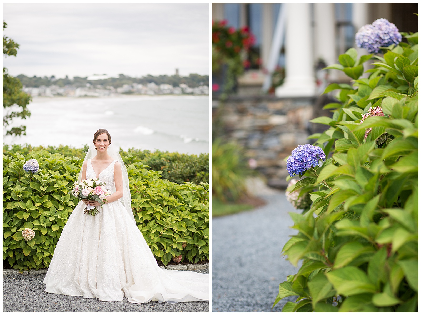 Bridal portraits overlooking 1st beach in Newport with hydrangeas
