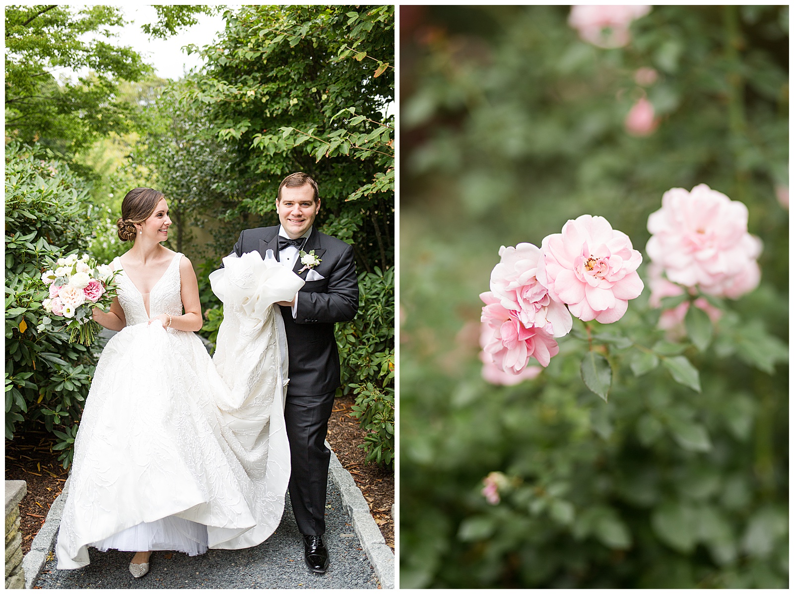 bride and groom walking through the garden at the Chanler