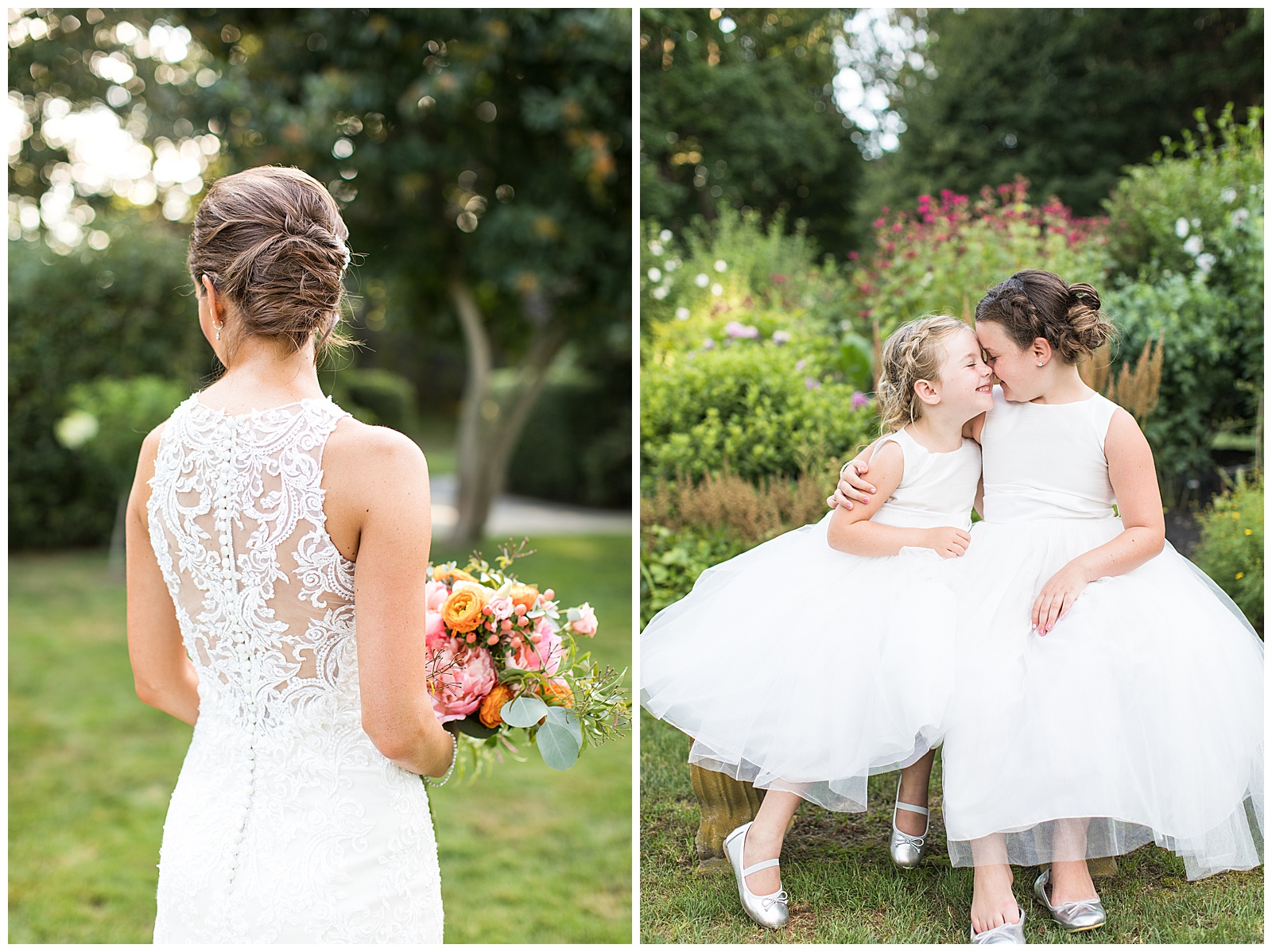 adorable flower girls share a moment in the gardens at Glen Manor House