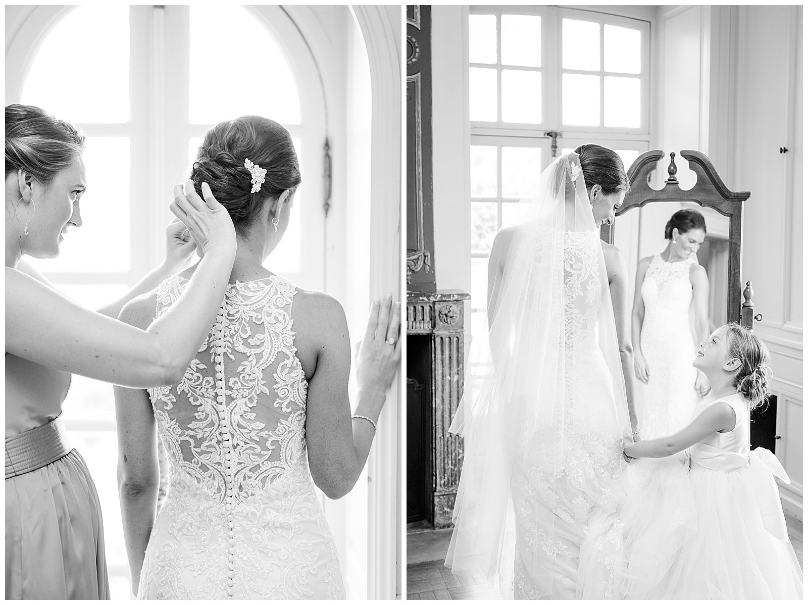 black and white images of bride getting ready at Glen Manor