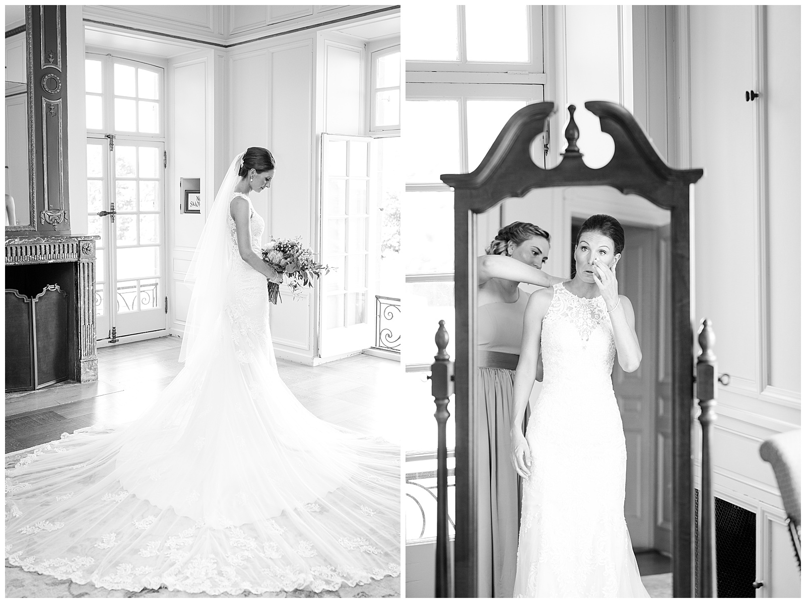 black and white portraits of bride in bridal suite at Glen Manor