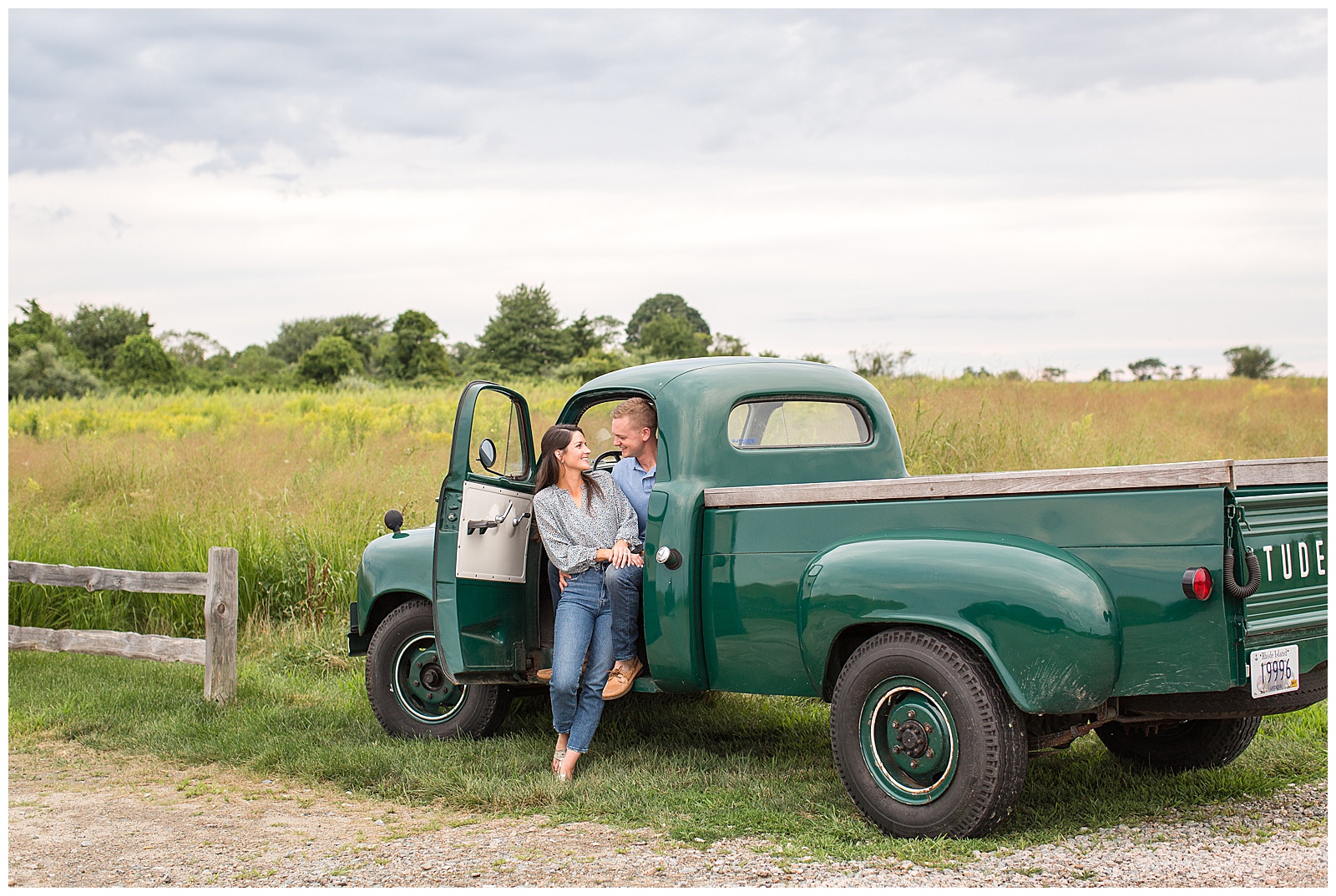 Engagement photo session with vintage green truck