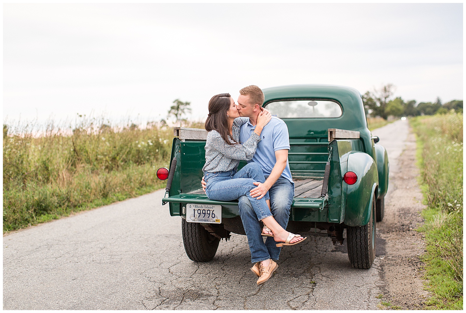 engagement photos in Tiverton RI with a vintage truck