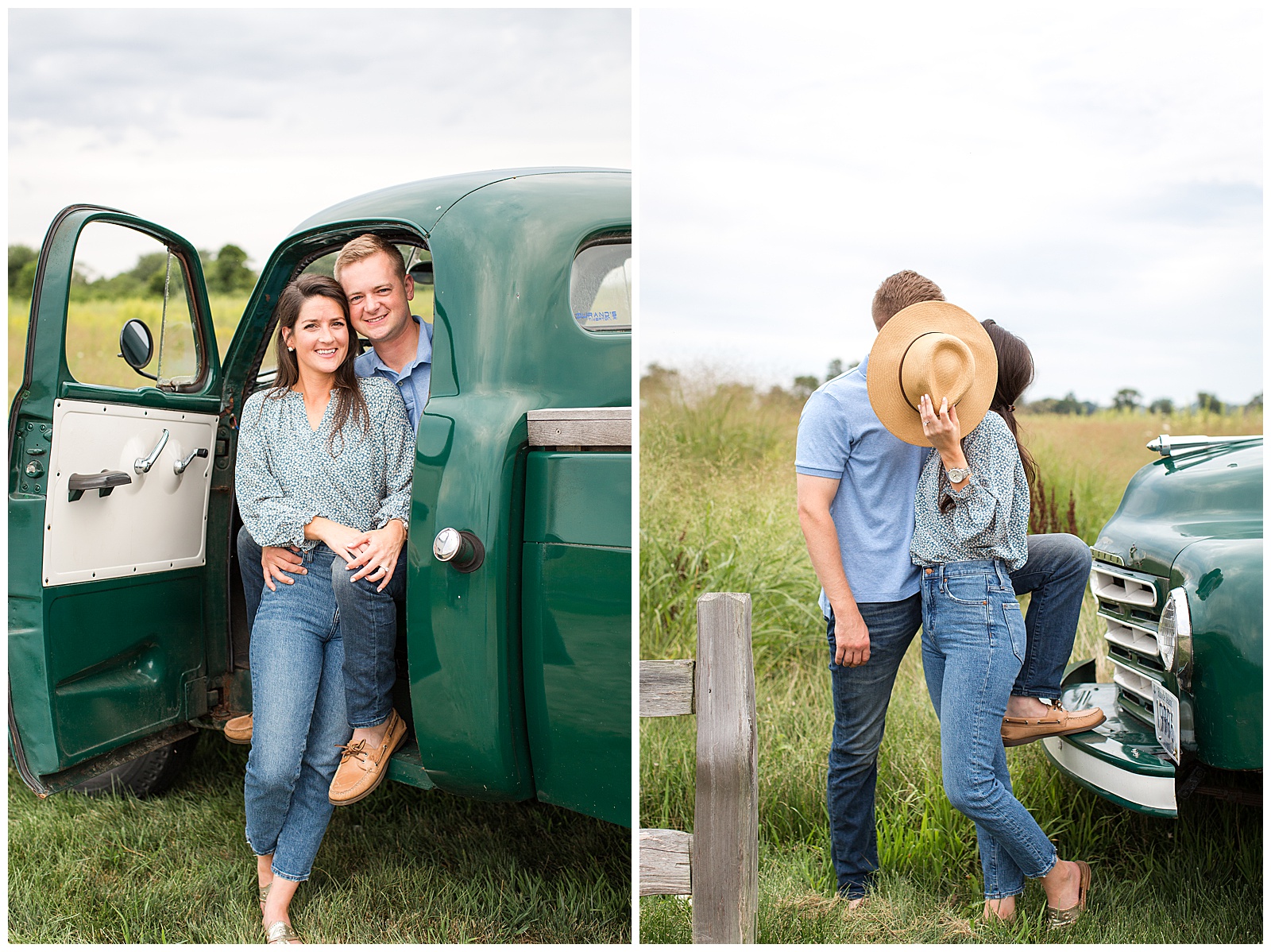 engagement photos in a field with a vintage truck
