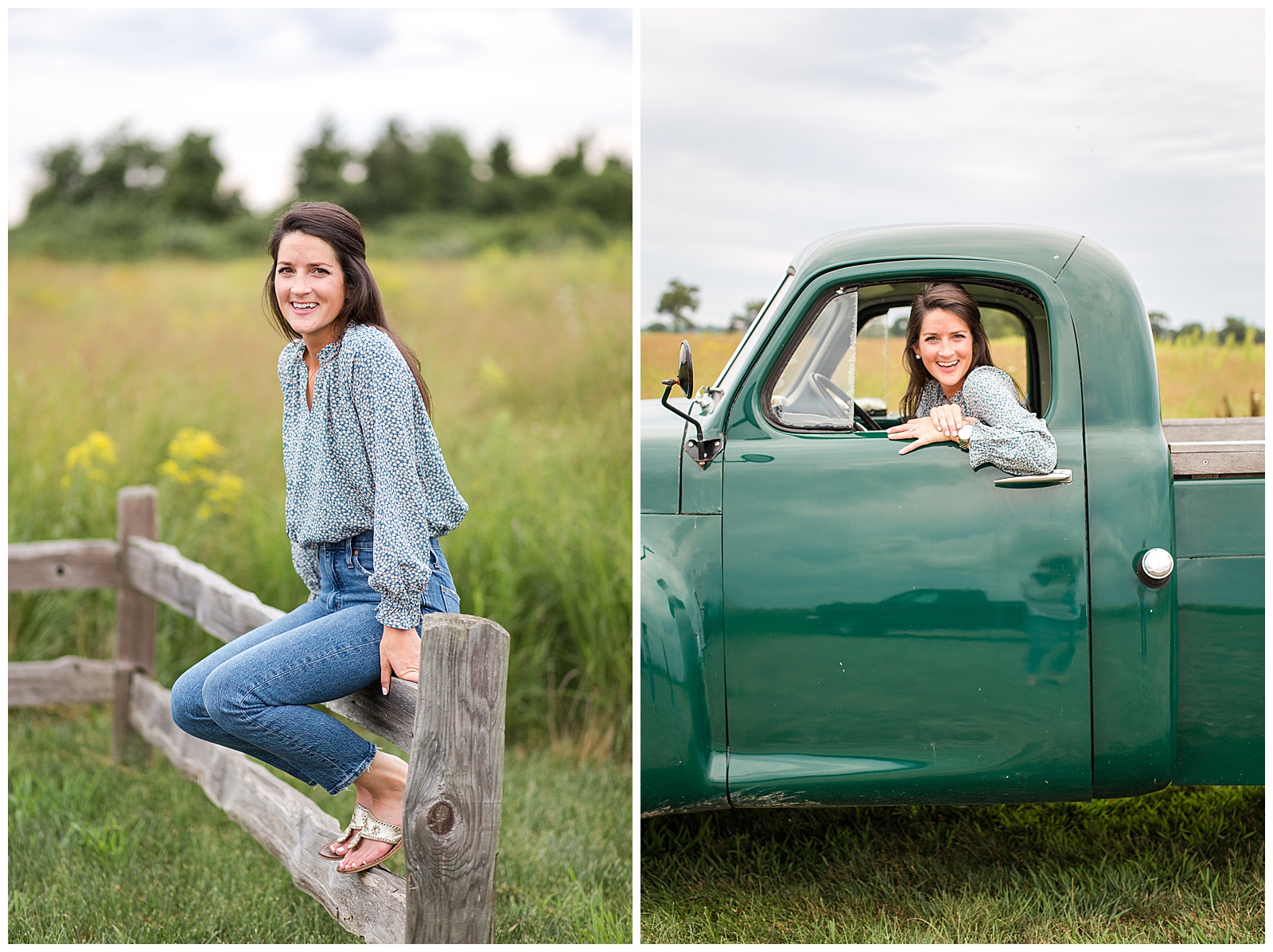 bride to be poses in a vintage truck during engagement photos