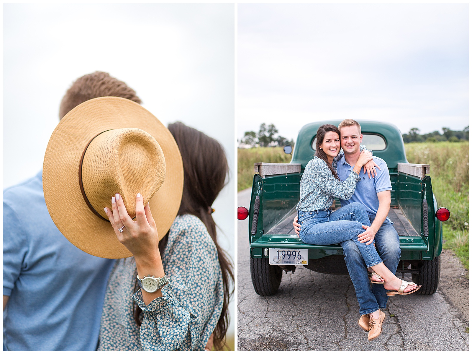 engagement photo session with Stetson hats and a vintage truck