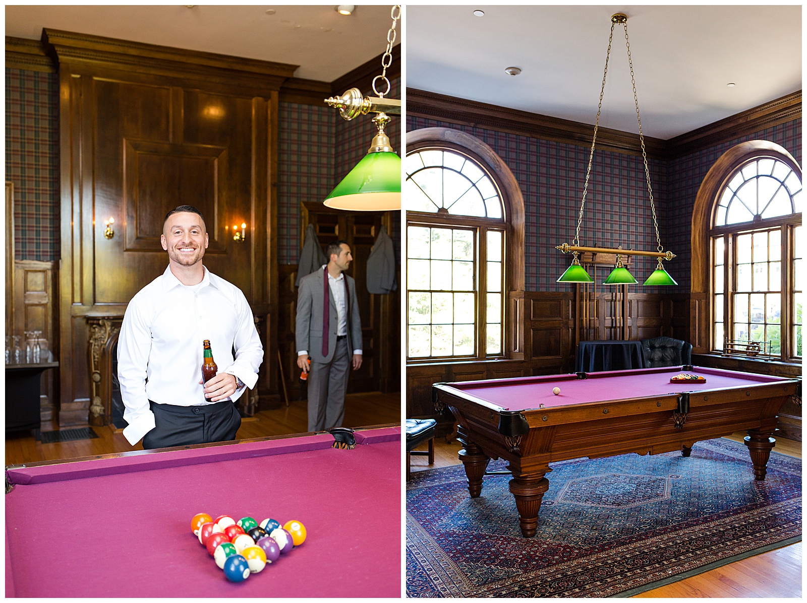 groom gets ready in the pool hall at Tupper Manor