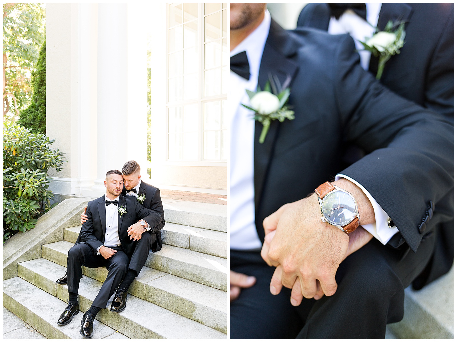 Portraits of groom and groom on the steps at Tupper Manor