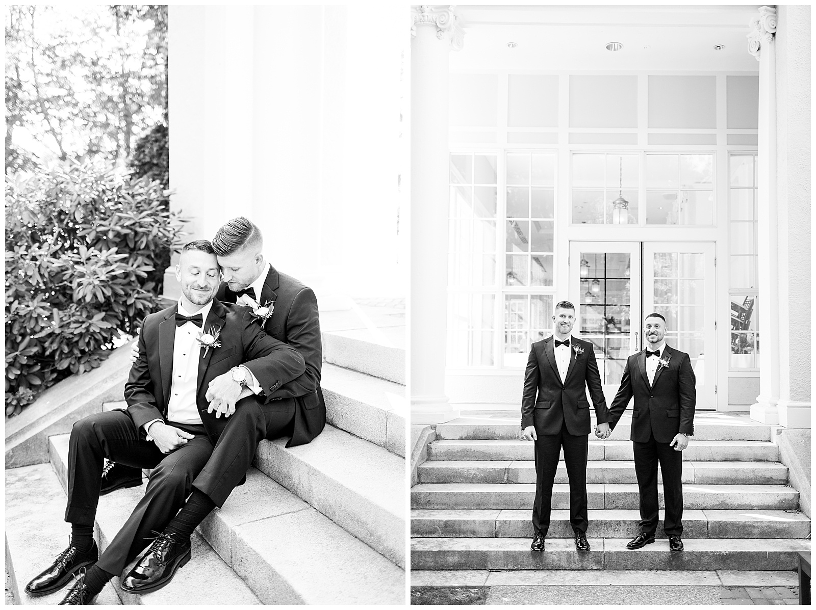 Portraits of groom and groom on the steps at Tupper Manor