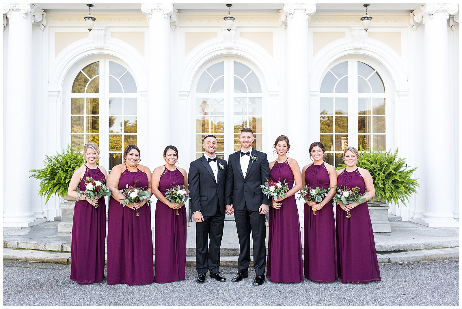 Grooms and their bridesmaids outside Tupper Manor
