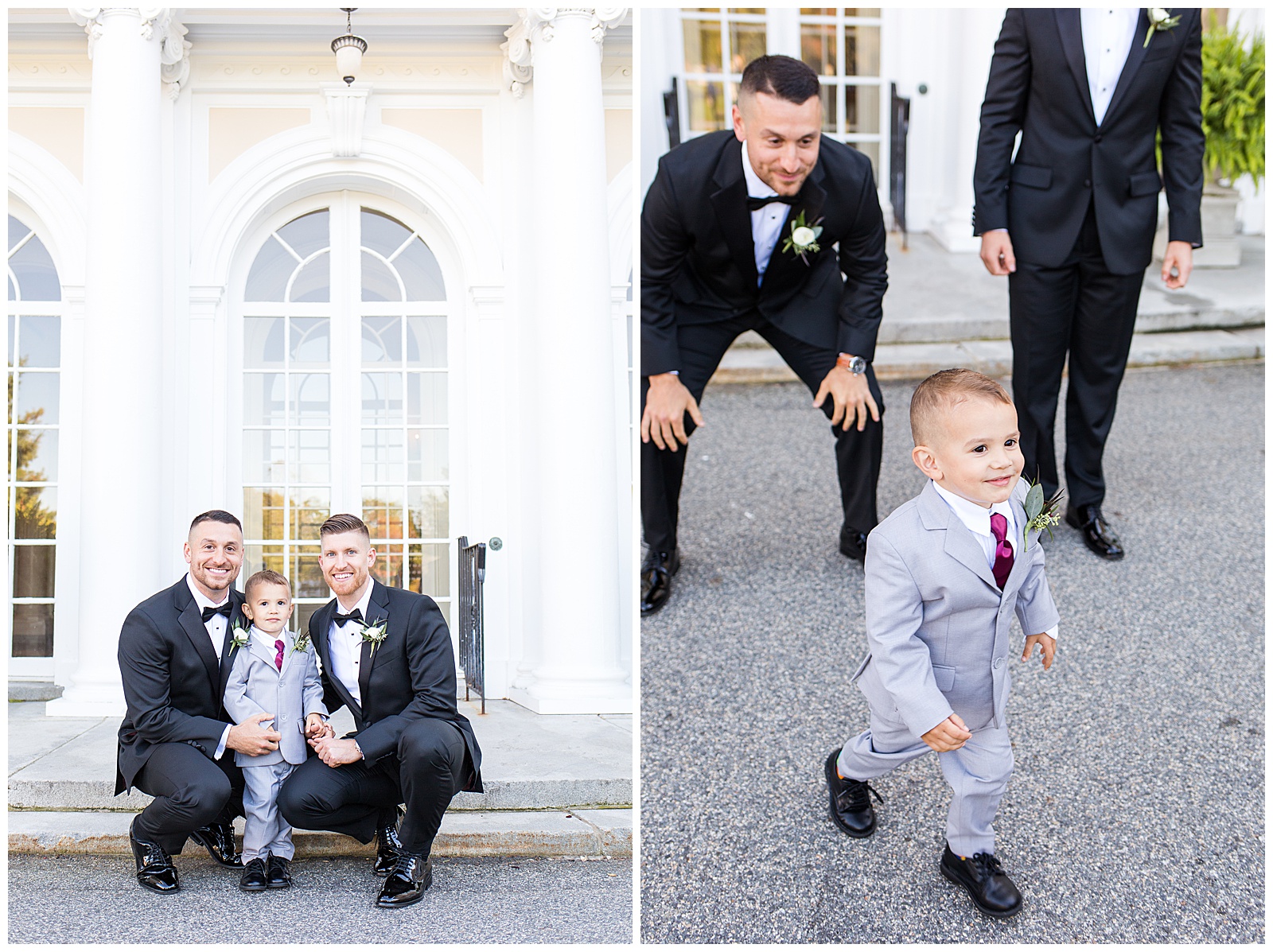Grooms and their ringbearer outside Tupper Manor