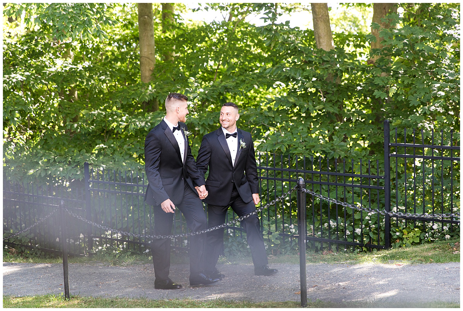 grooms portraits in the gardens at Tupper Manor