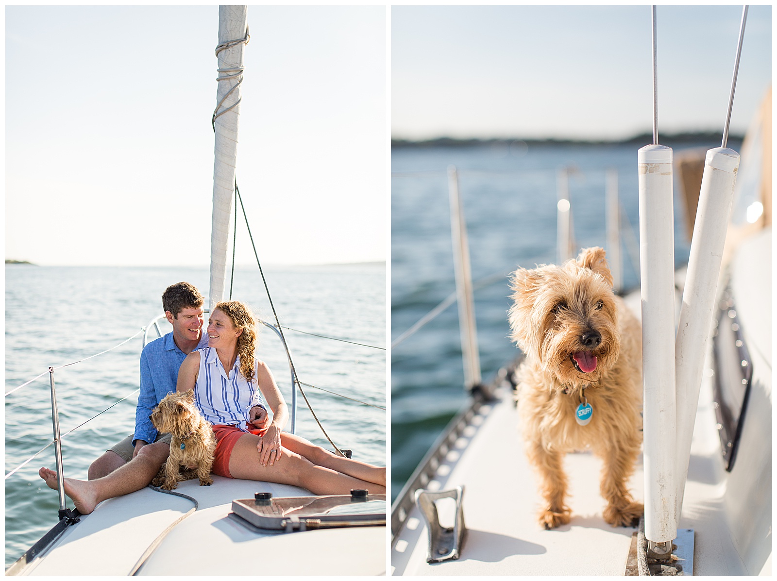 couple smiles on their sailboat with their puppy in their engagement session