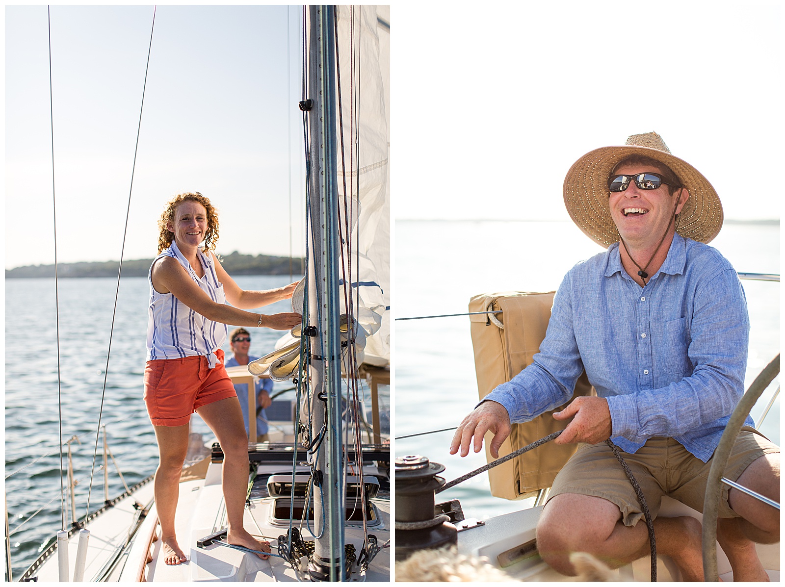 sailing couple smiles during engagement session