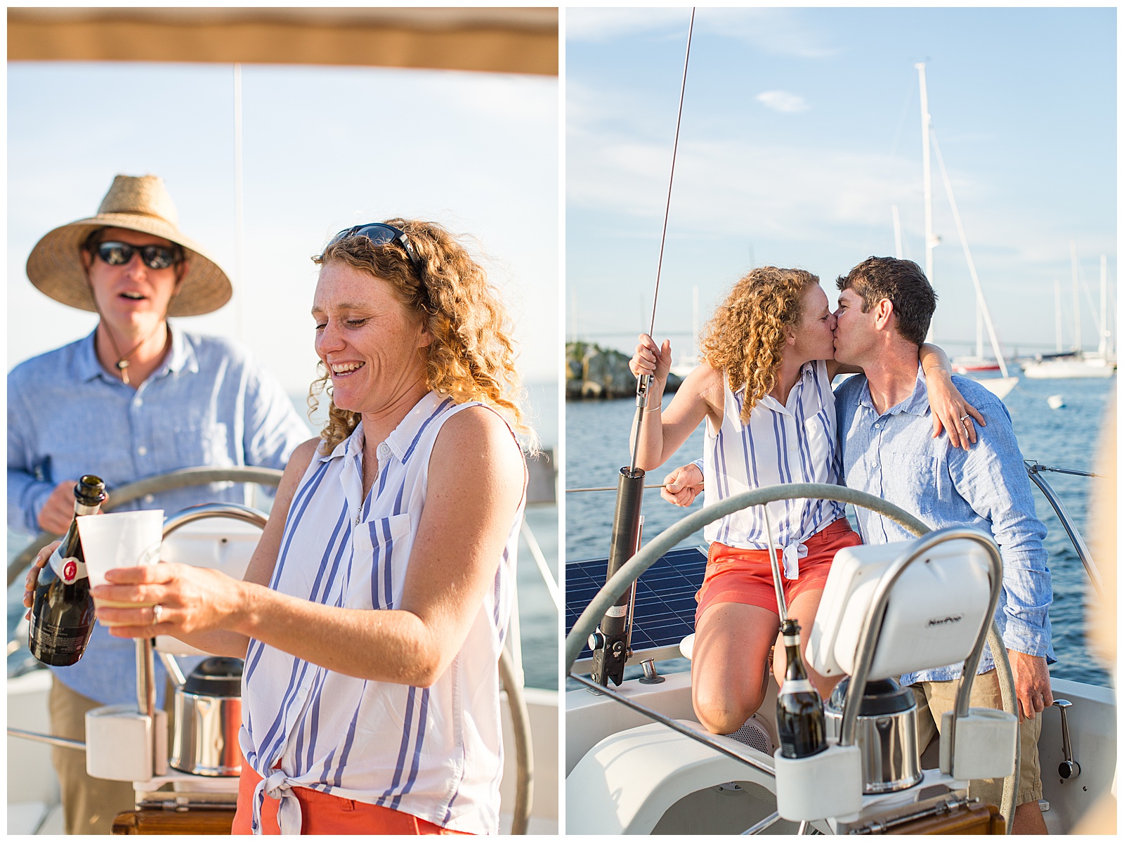 champagne toast on the boat for engagement session